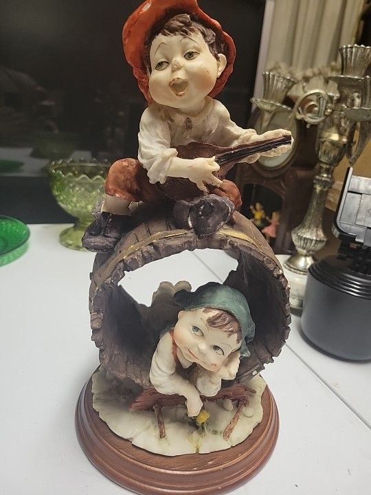 Vintage Capodimonti Style Porcelain Figurine, Boys Playing on Barrel, 12" high.