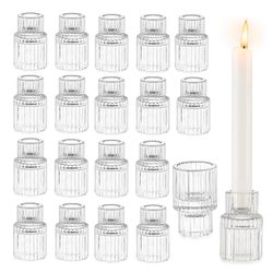 Glasseam Glass Candle Stick Holder: Small Candlesticks for Taper Candles, Bulk Set of 20, Mini Crystal Clear for Wedding Centerpieces Party Decoration