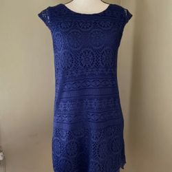 Xhilaration Navy Blue Floral Lace Lined Sheath Dress Cap Sleeves Women's M