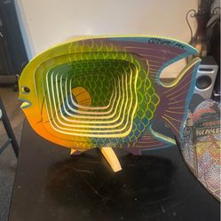 Collapsible Wooden Basket Trivet Colorful Blue Yellow Fish Design