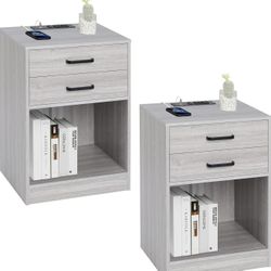Nightstands Set of 2,Grey Nightstand with Charging Station & Drawers,Night Stands for Bedrooms 