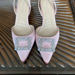 Pink Satin Slingback Heels with Crystal Embellishment
