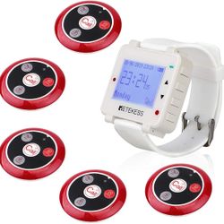 Retekess T128 Caregiver Pager,Smart Call Button,Vibration,Buzzer,Alert Service,5 PCS 4-Key Waterproof Alarm Call Button for Elderly,Patient,Nurse,Sick