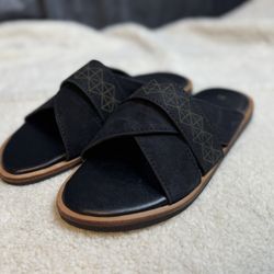 Black Genuine Leather Slide Sandals Criss Cross Strap Geometric Detail EU 41 US 8