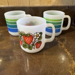 Lot of 3 vintage Glasbake milk glass mugs - blue striped(2) /strawberry motif