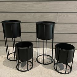 Contemporary Black Metal Planter With Stand | Tall Planter ($20, One Available) | Smaller Planters ($15 Each) | $50 For All 3