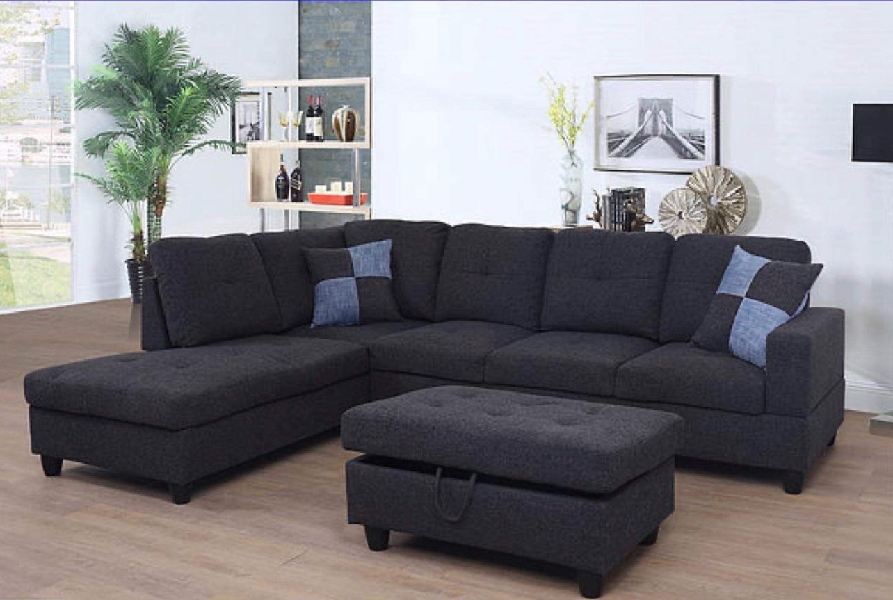 New Black Grey linen Sectional Sofa W/ Free Ottoman And Pillows New In Original Boxes