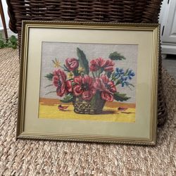 Vintage Boho MCM Jungalow Farmhouse Needlepoint Floral Picture