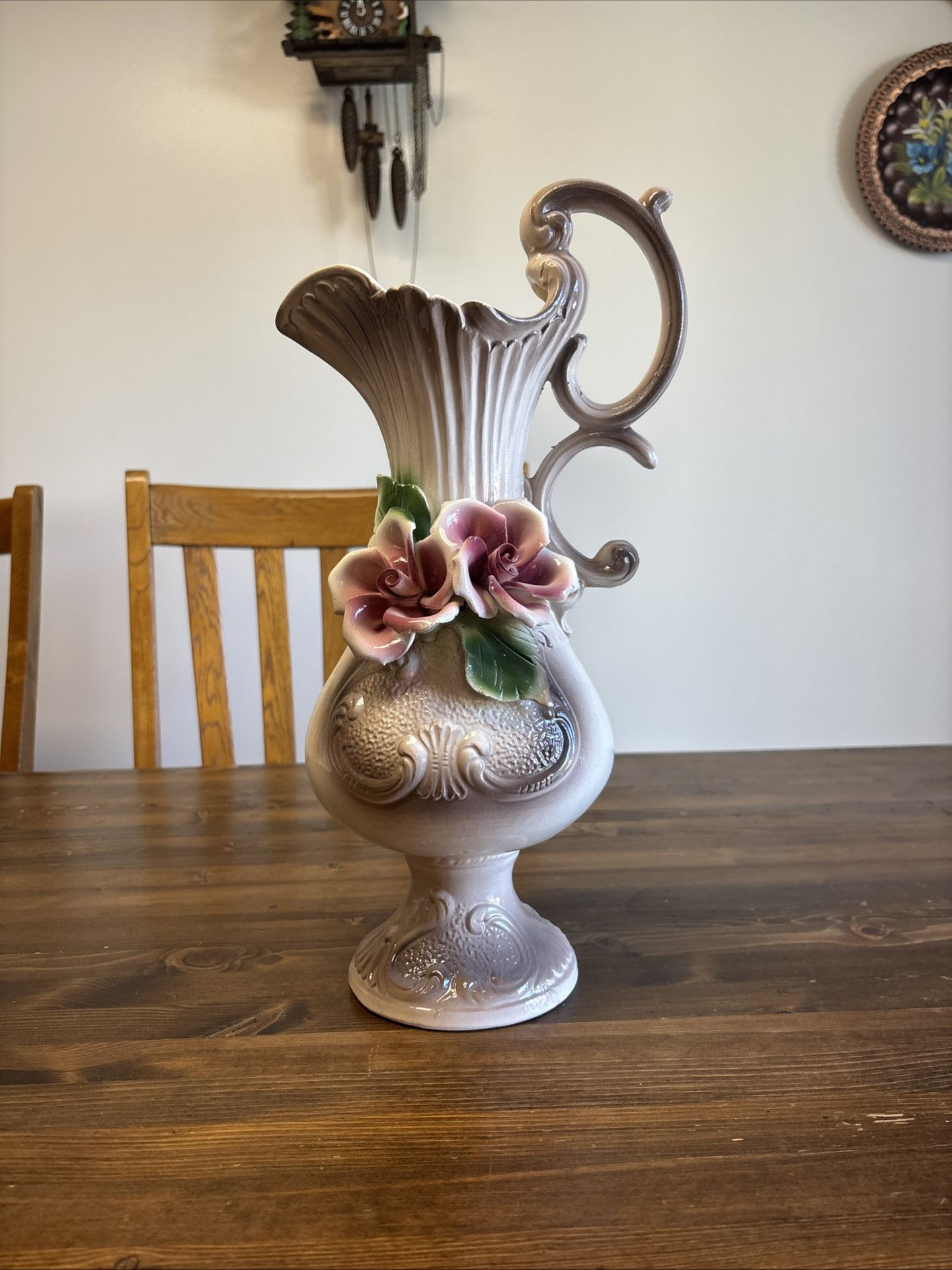 Vintage handcrafted Capodimonte pitcher vase 14” 2 pink roses handle Italy stamped