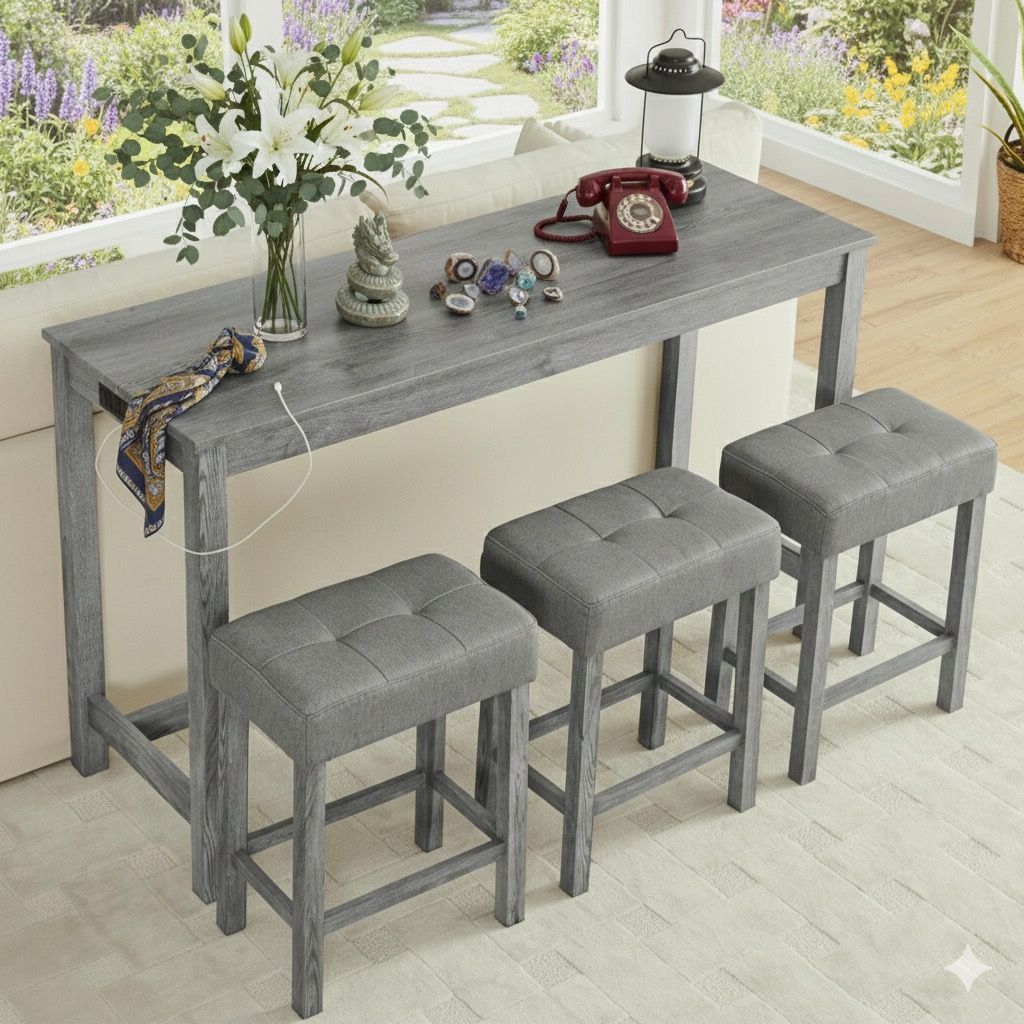 59 Inch Bar Table Set of 4, Sofa Table with Power 