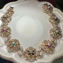 Ruby Sapphire Emerald Sterling Silver Gold Vermeil Designer DL Bracelet