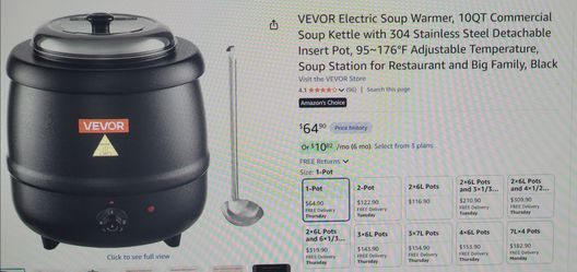 10qt Commercial size electric soup warmer