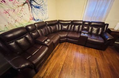 Large Dark Brown Leather Reclining Sectional Sofa