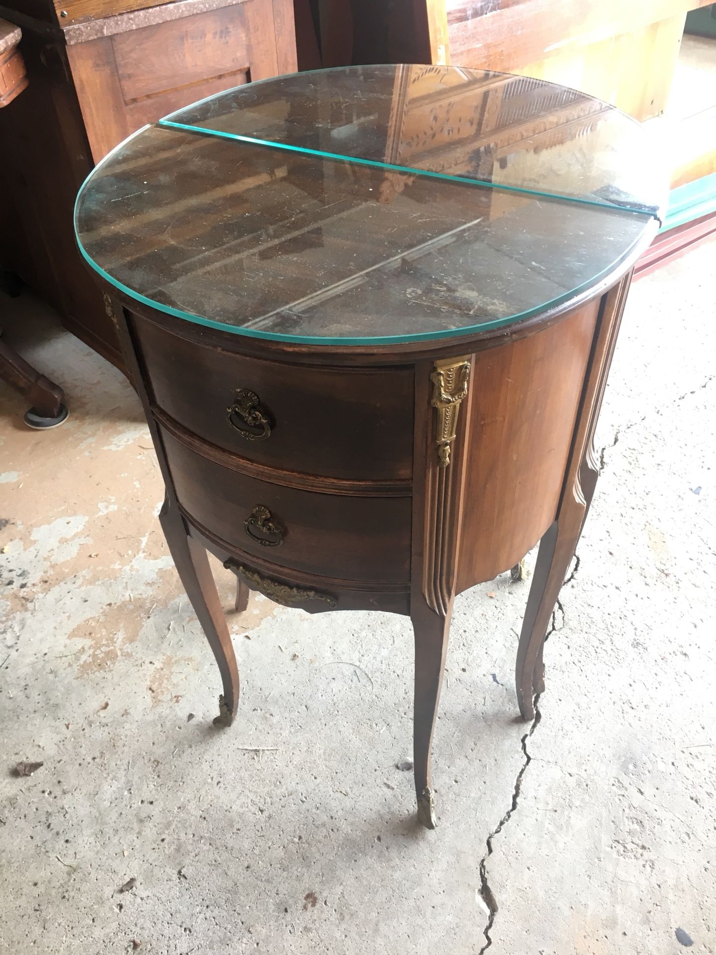 Antique half circle console tables with drawers and glass top for Sale
