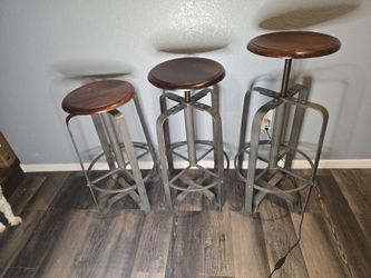 Industrial adjustable chairs steel frame & base and a 12" wood top very heavy lot of 3 "Vintage"