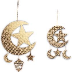 Moon and Stars Eid Hanging Decoration - 2 Pieces Eid Mubarak Decorations Wooden Ornaments - Ramadan Activities Party Decoration - Eid Decorations for 