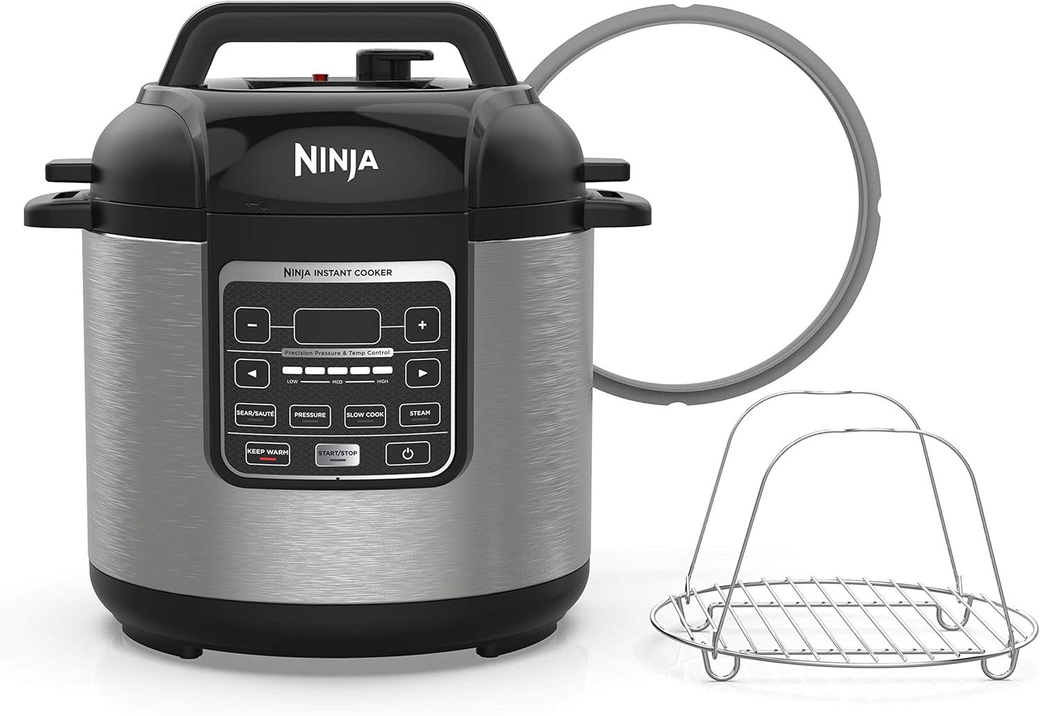 Ninja Instant, 1000-Watt Pressure, Slow, Multi Cooker, and Steamer with 6-Quart Ceramic Coated Pot & Steam Rack (PC101), Si, Black/Silver