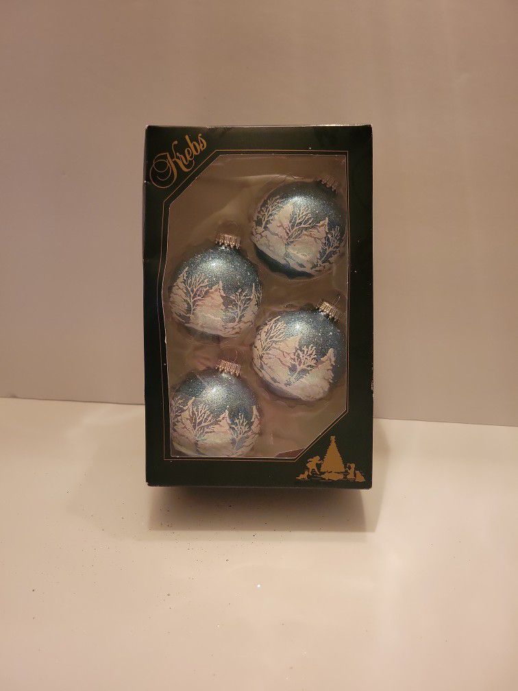 NEW Krebs Glass Ice Blue & White Glitter Tree Ornaments, Box of 4