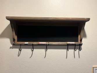 Rustic Farmhouse Chalkboard Wall Shelf w/ 6 Hooks – 24”