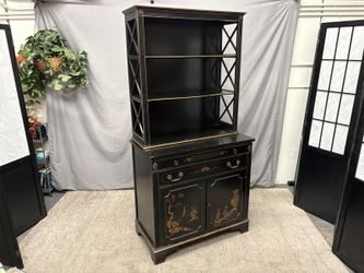 Vintage Black Chinoiserie China Hutch w/ Pull Out Tray