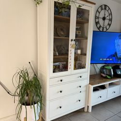 Glass-Door Cabinet with Drawers – White Stain/Light Brown