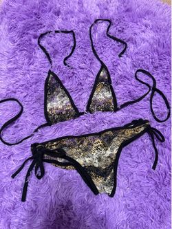New Small black gold bikini swimsuit y2k goth emo festivalrave dance low rise No size tag. Low rise with scrunch bottom piece is old stock from early 