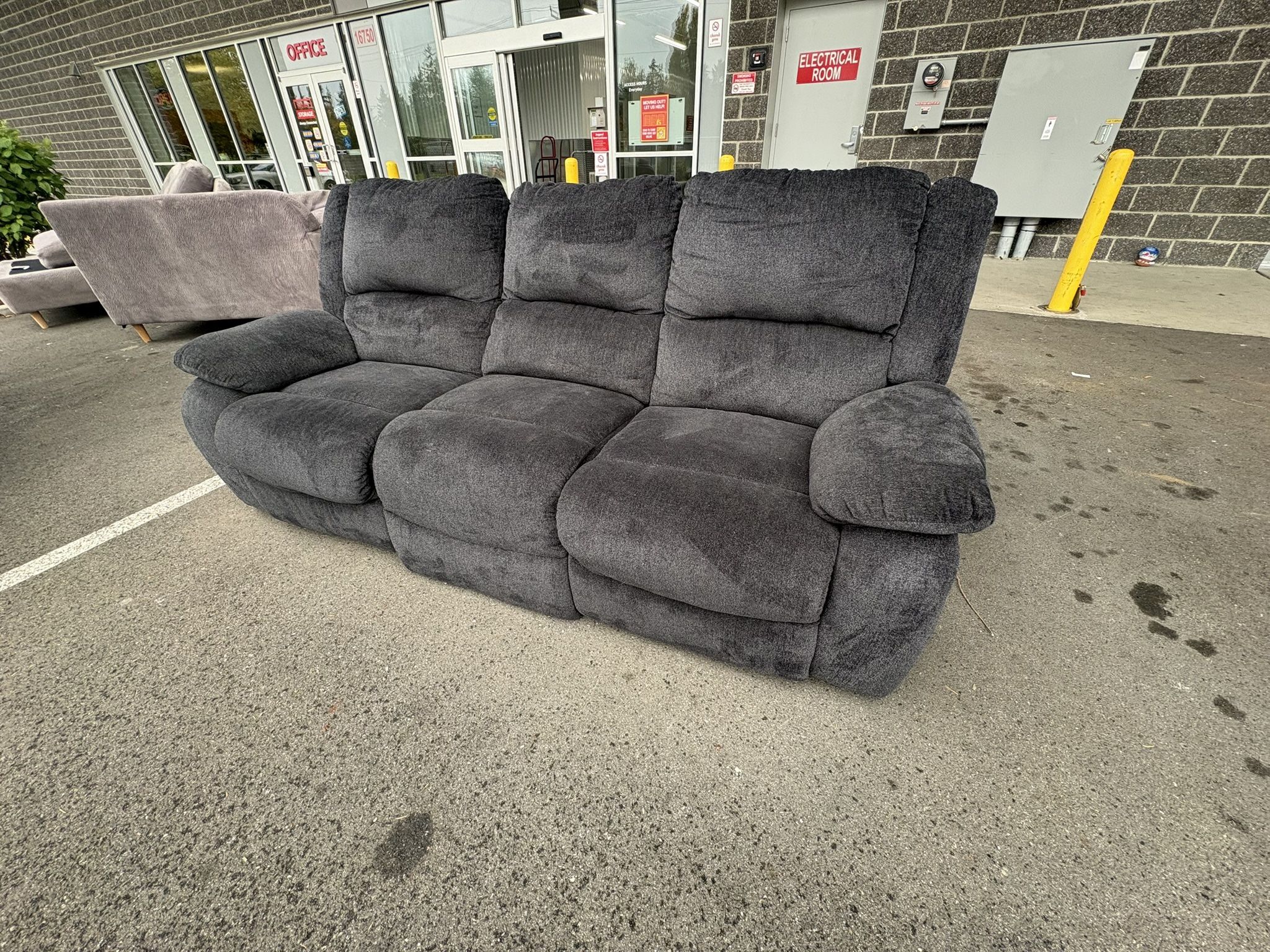 Deep-Cushion Reclining Sofa — Dark Grey — Clean + Comfy “WE DELIVER”