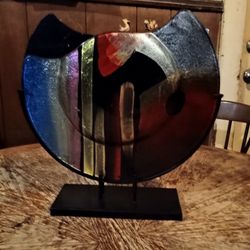 16" Circular Fused Glass Waved Platter Vase Featuring Gold, Black, Red and Blue brush stroke accents