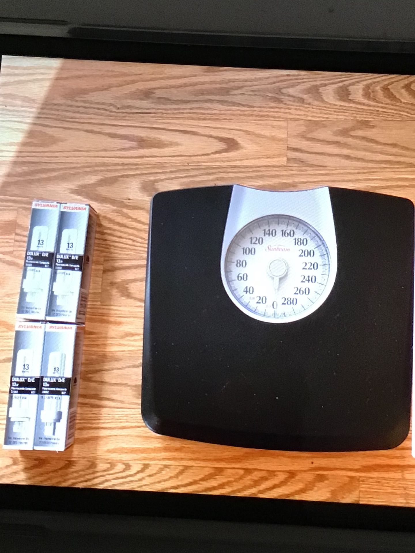 Sunbeam Weight Scale $13.00 (& FREE Brand New Sylvania Deluxe D/E 13 W Light Bulbs )