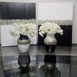 Glam Black and White Twin Canvases with Vase Set 