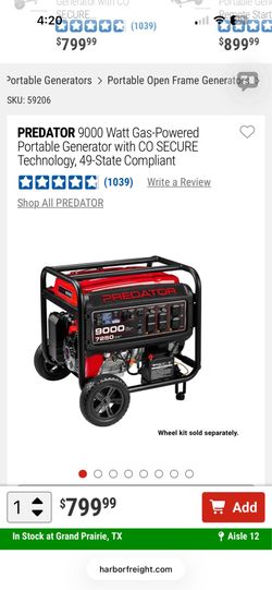 PREDATOR 9000 Watt Gas-Powered Portable Generator with CO SECURE Technology, 49-State Compliant $659