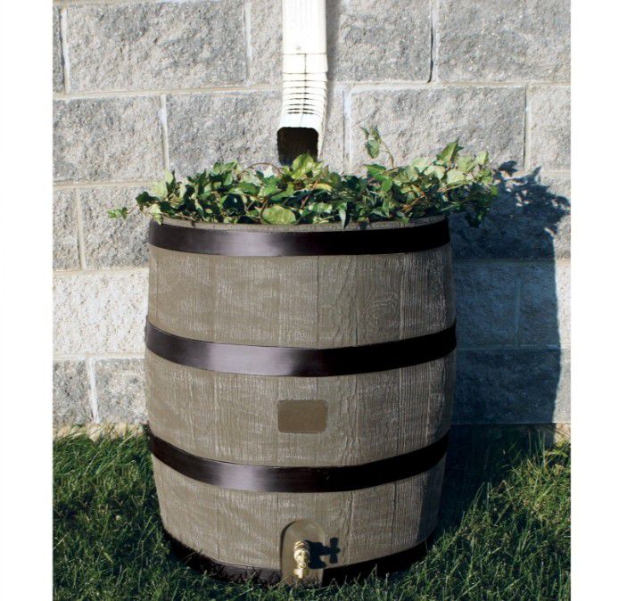 35-Gallon Oak Texture Rain Barrel with Built-in Planter