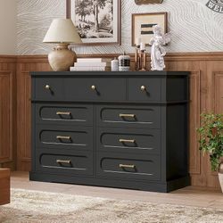 Black Farmhouse 9 Drawers Dresser for Bedroom, Chest of Drawers, Dresser for Closet, Wooden Storage Organizer for Living Room, Hallway and Entrance, T