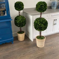 Pair of Decorative Faux Boxwood Topiary Trees in Planters