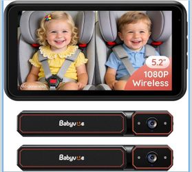 BV6PRO Wireless Dual Car Camera Baby Monitor Fast Setup No Wiring, HD1080P, 5.2" Display, Spilt-Screen for 2 Kids, Auto IR Night Vision, Mirror Image