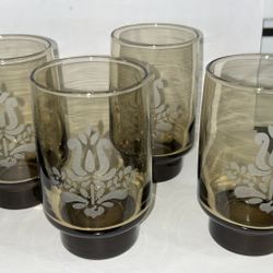 Vintage Pfaltzgraff Village Smoky Brown Etched Glasses Tumblers Set of 4