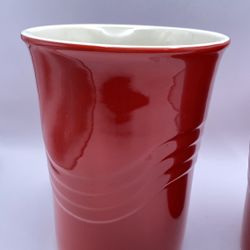 Le Gourmet Chef Bright Red Exterior and Cream Interior Stoneware Utensil Crock/Bottle Chiller Ribbed