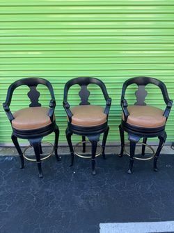 Set of 3 Vintage Bar Stools – Black Wood Swivel Style Chairs – Tan Upholstered Seats – Brass Footrests