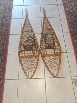 Vintage Wooden Snowshoes with Leather Bindings