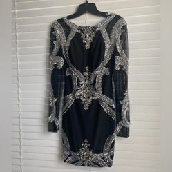 Black And Silver Long Sleeve Dress With V Back