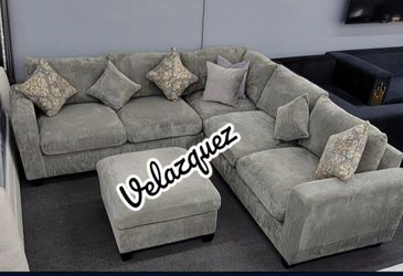 ✅️✅️️✅️4 pc Grey   cordury fabric upholstered sectional sofa with ottoman✅️✅️