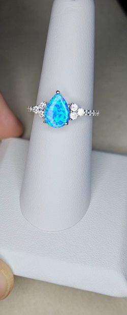 925 Sterling Silver Pear Chaped Blue Fire Opal Ring, Size 7