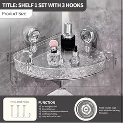 Suction Cup Corner Shower Shelf Corrugated Holder, Organizer with 3 Hooks No-Drill Bathroom Suction Storage Box for Kitchen Bathroom Hotel ( please fo