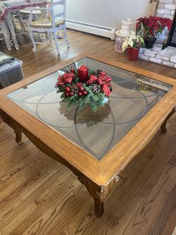 SOLID OAK  DOUBLE PANE BEVELED GLASS COFFEE TABLE