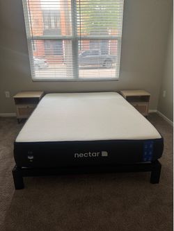 Mattress, Metal Bed Frame, and Nightstands