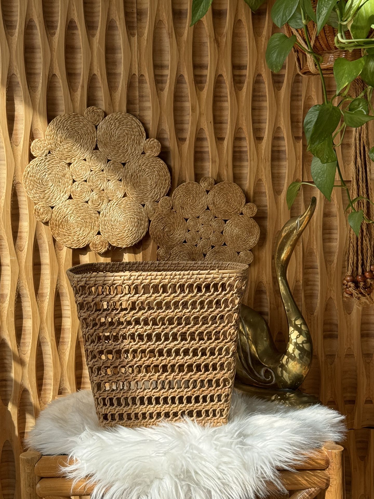 Vintage Geometric Woven Square Basket Light Pot Planter Wastebasket Storage Boho Farmhouse Coastal