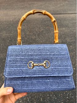 Blue Woven Handbag with Bamboo Handle and Gold Horsebit Detail