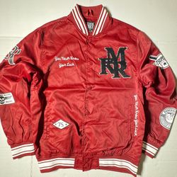 NWOT  Seven Souls  Satin  Bomber Jacket  Button  Embroidered & Printed Burgundy Red  Men  Size Large