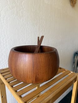 Mid-Century Modern Teak Salad Bowl with Serving Utensils