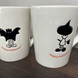 2 HAPPY HALLOWEEN MUGS-WITCH & BAT-4” TALL
